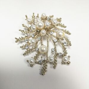 Vintage Rhinestone Faux Pearl Gold Tone Abstract Brooch Large Elegant Gala Pin